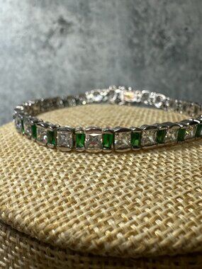MEDA 925 Sterling Silver Princess & Baguette-Cut C Z Tennis Link Bracelet 8 inch